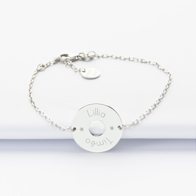 Bracelet chaîne personnalisé médaille gravée argent cible 2 trous 18 mm - prénom