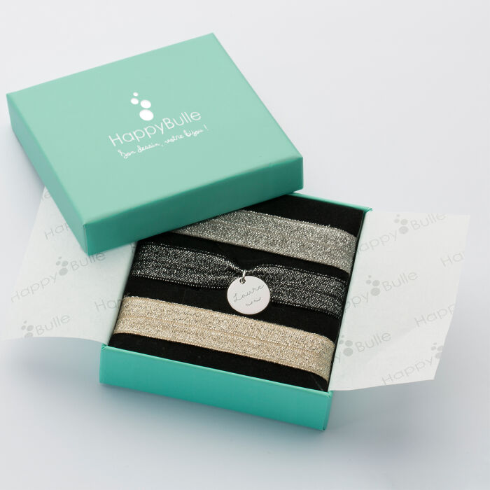 Coffret de bracelets personnalisés cordons élastiques interchangeables médaille gravée argent 15 mm - prénom