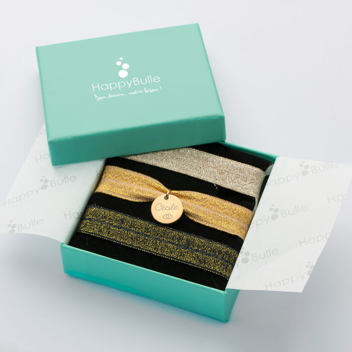 Coffret de bracelets personnalisés cordons élastiques interchangeables médaille gravée plaqué or 15 mm  - prénom