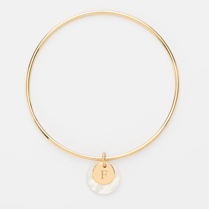 Bracelet personnalisé nacre jonc plaqué or et médaille gravée 10 mm - 2