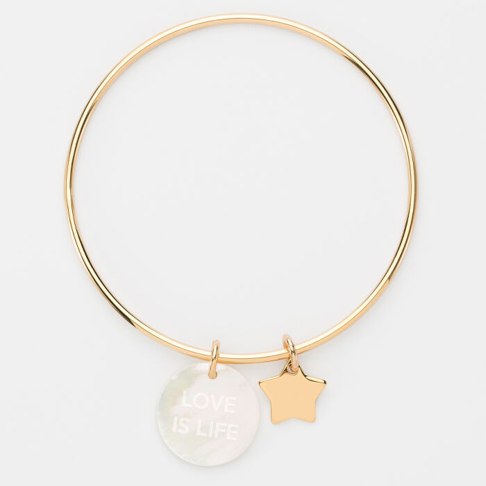 Bracelet jonc personnalisé médaille gravée nacre 19 mm et breloque plaqué or étoile 12 mm - texte