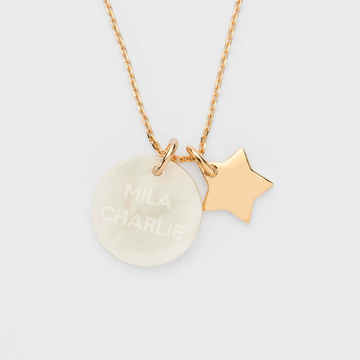 Pendentif personnalisé médaille gravée nacre 19 mm et breloque plaqué or étoile 12 mm - prénoms