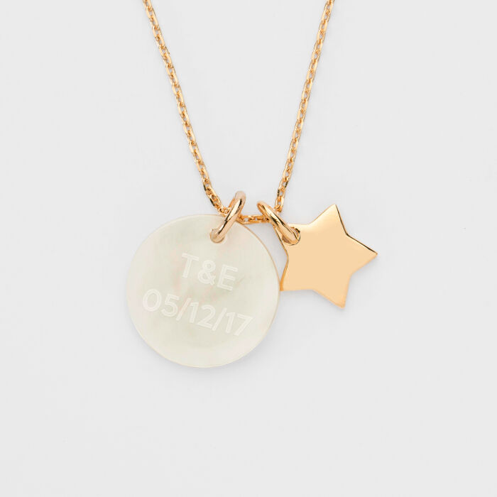 Pendentif personnalisé médaille gravée nacre 19 mm et breloque plaqué or étoile 12 mm - texte 2
