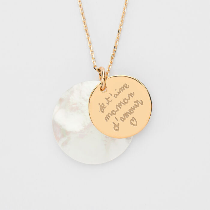 Pendentif personnalisé breloque nacre 25 mm et médaille gravée plaqué or 19 mm - écrits