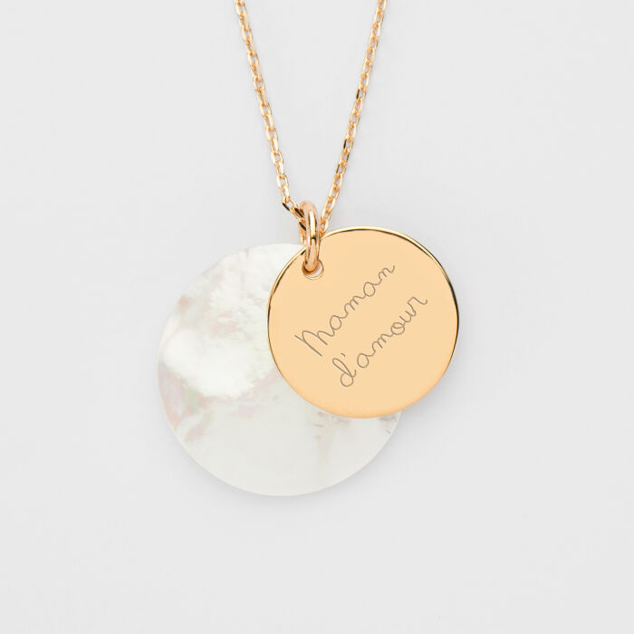 Pendentif personnalisé breloque nacre 25 mm et médaille gravée plaqué or 19 mm - texte