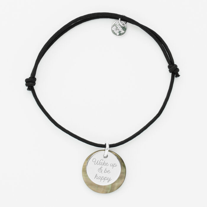 Bracelet personnalisé breloque nacre 19 mm et médaille gravée argent 15 mm - texte