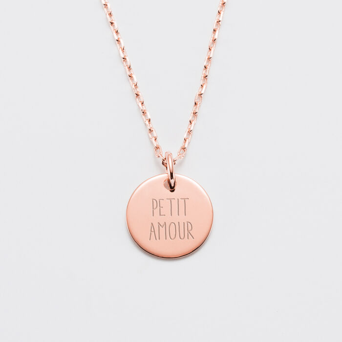 Personalised engraved rose gold plated medallion children's pendant 15 mm - text