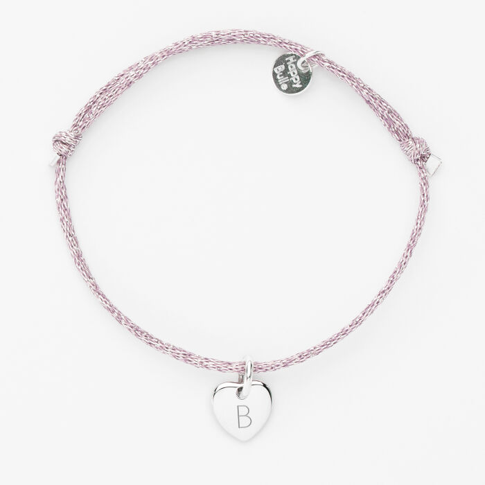 Bracelet personnalisé cordon pailleté médaille gravée argent initiale coeur 10 mm - 2