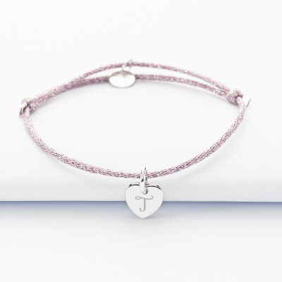 Sparkly cord bracelet with personalised engraved silver initial heart medallion 10 mm - 1