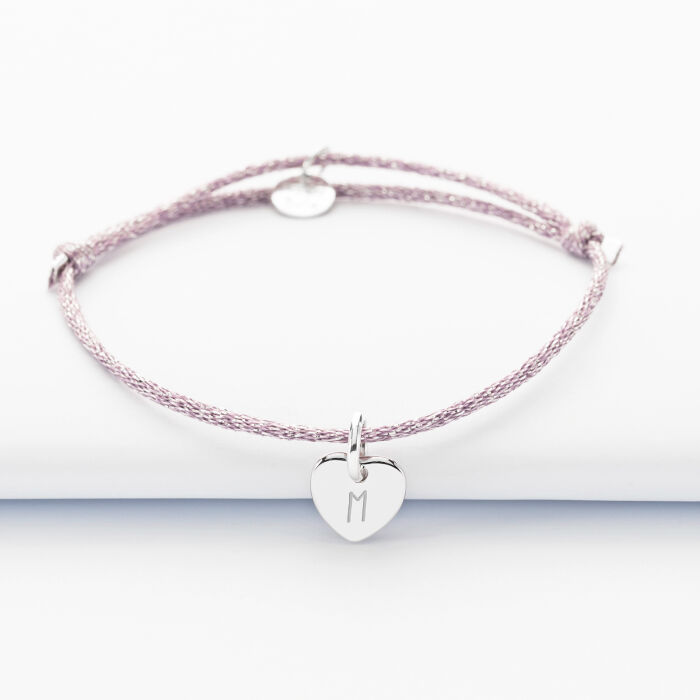 Bracelet personnalisé cordon pailleté médaille gravée argent initiale coeur 10 mm - 3