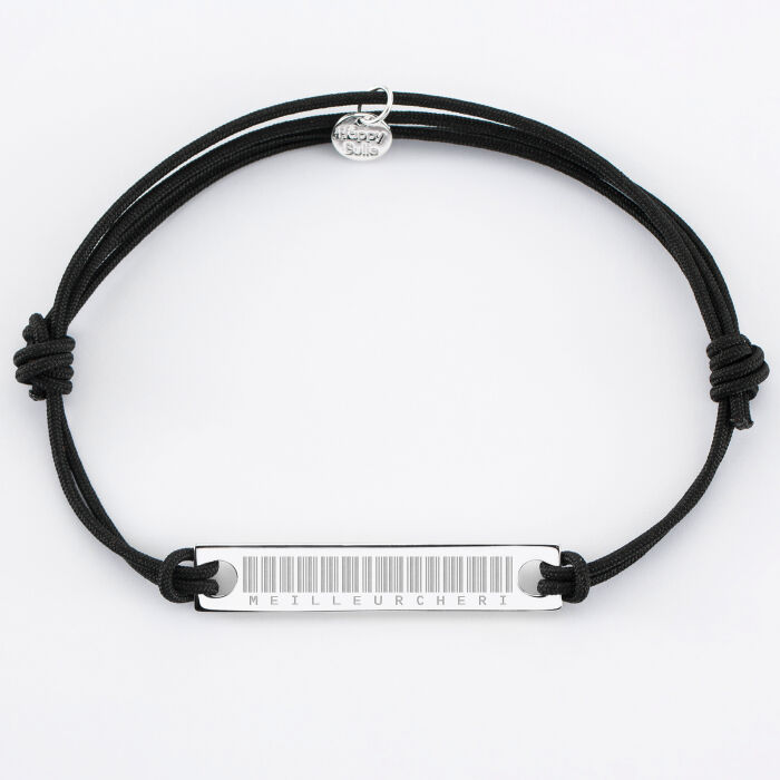 Men's double cord "bar code" bracelet with personalised engraved silver medallion plaque 42x8mm - 2