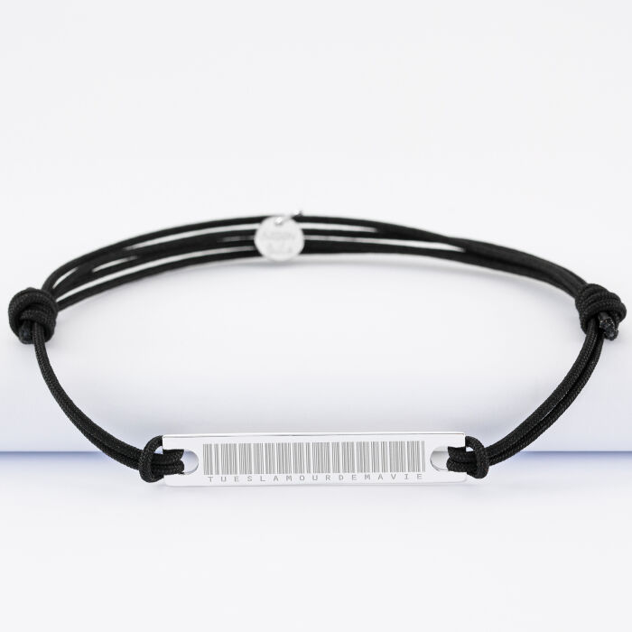 Men's double cord "bar code" bracelet with personalised engraved silver medallion plaque 42x8mm - 3