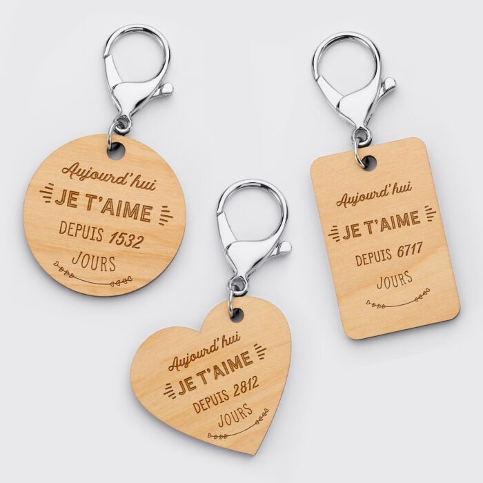 Porte-clés personnalisé médaille gravée bois "Je t'aime" - trio
