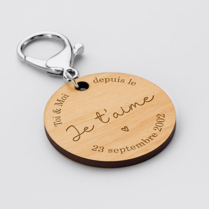 Porte-clés personnalisé gravé bois médaille ronde 50 mm "Toi & Moi" - rond