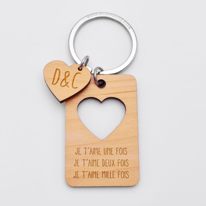 Porte-clés personnalisé médaille gravée bois rectangle  55x35 mm "coeur séparable" - 1