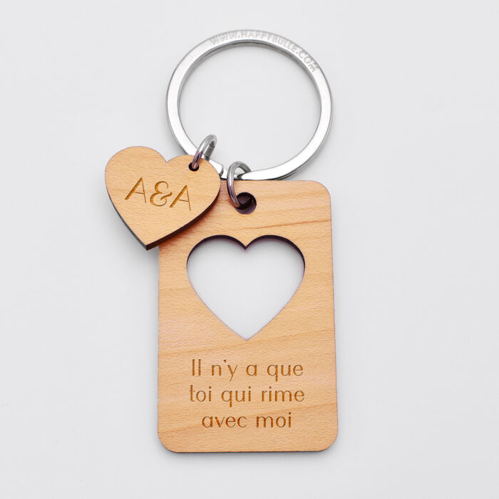 Porte-clés personnalisé médaille gravée bois rectangle  55x35 mm "coeur séparable" - 3