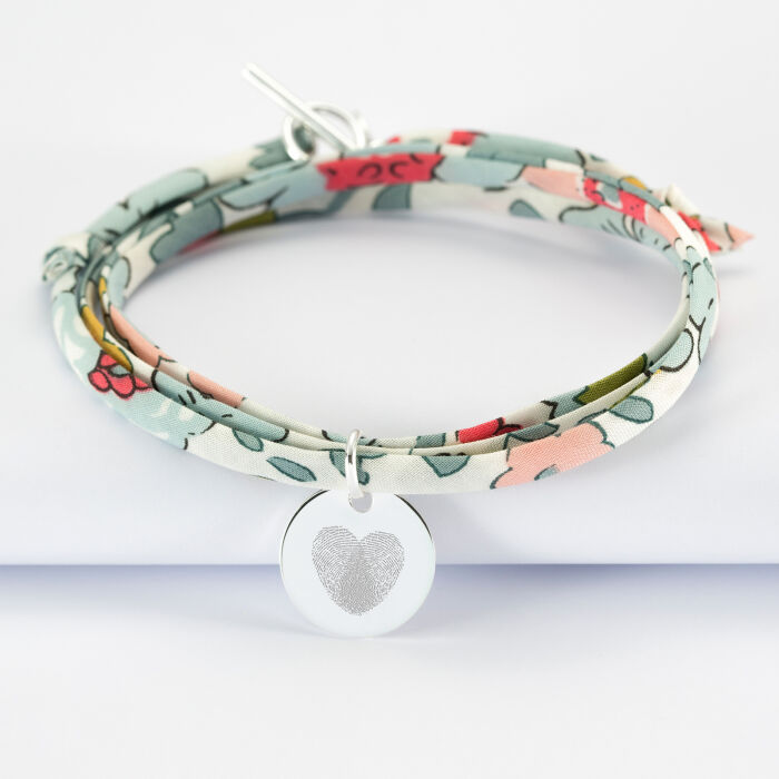 Liberty 3 turn bracelet with personalised engraved silver medallion 15 mm fingerprints