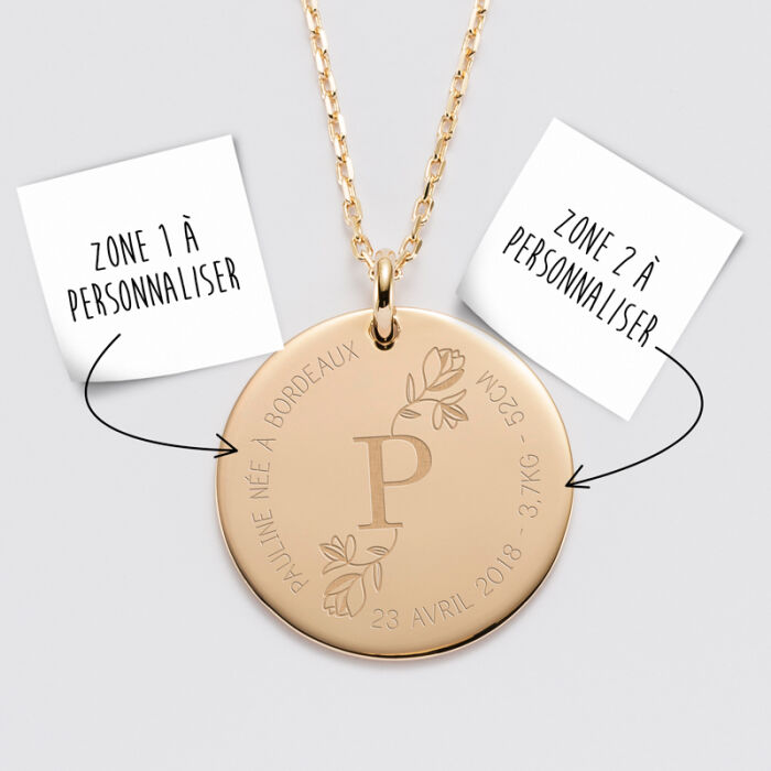Personalised engraved gold-plated 27 mm medallion pendant - special edition "Floral initial"