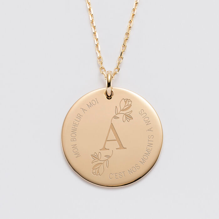 Personalised engraved gold-plated 27 mm medallion pendant - special edition "Floral initial"