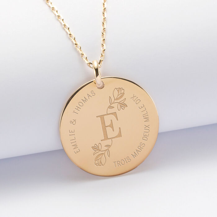 Personalised engraved gold-plated 27 mm medallion pendant - special edition "Floral initial"