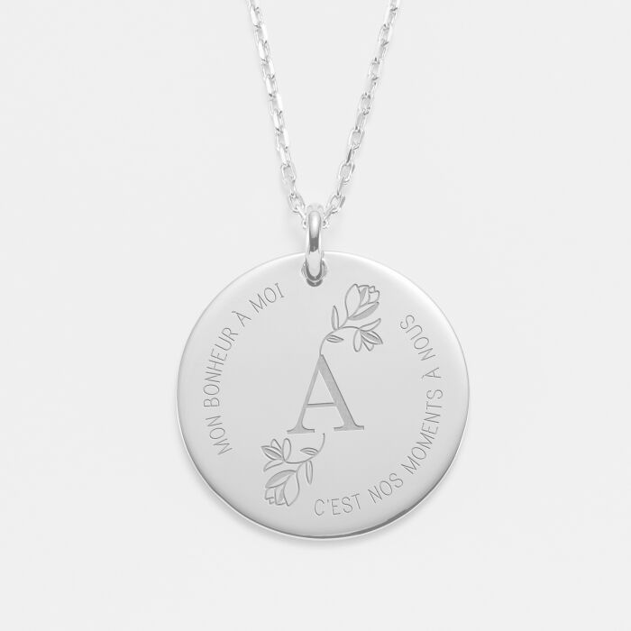 Pendentif personnalisé médaille gravée argent 27 mm - édition spéciale "Initiale Florale" - 2