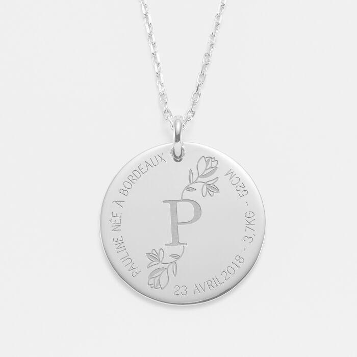 Pendentif personnalisé médaille gravée argent 27 mm - édition spéciale "Initiale Florale" - 4