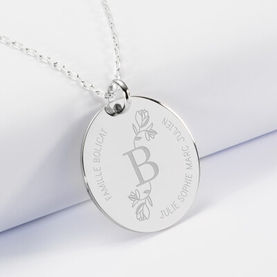 Personalised engraved silver 27 mm medallion pendant - special edition "Floral initial" Personalised engraved silver 27 mm medallion pendant - special edition "Floral initial"