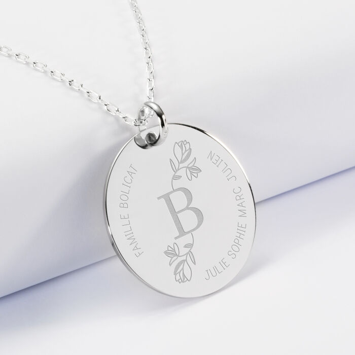 Personalised engraved silver 27 mm medallion pendant - special edition "Floral initial"