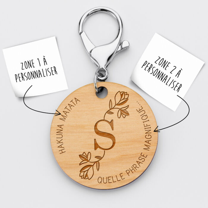 Porte-clés personnalisé médaille gravée bois ronde 50mm Initiale Florale - explications