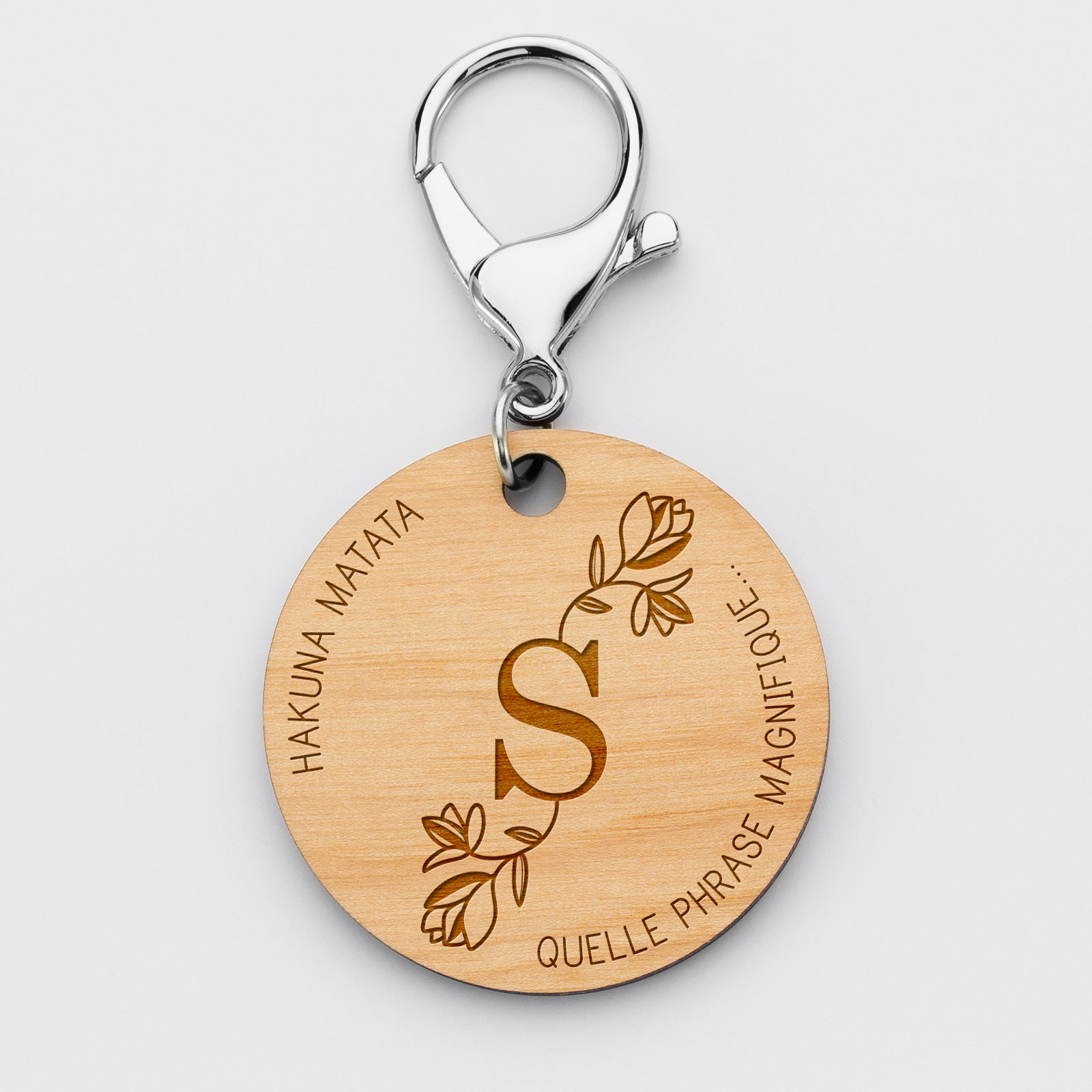 Personalised Engraved Wooden Round Floral Initial Keyring 50 mm