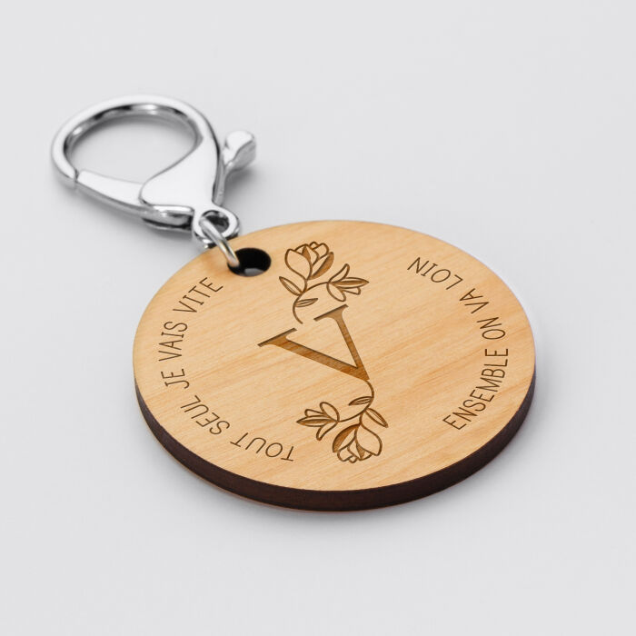 Porte-clés personnalisé médaille gravée bois ronde 50mm Initiale Florale - 4