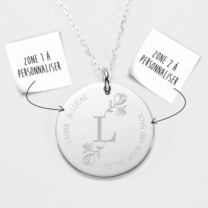 Pendentif personnalisé médaille gravée argent 27 mm - édition spéciale "Initiale Florale" - explication