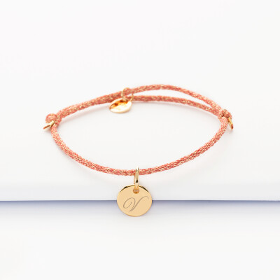 Bracelet enfant personnalisé cordon métallisé médaille gravée plaqué or nuage 20x14 mm