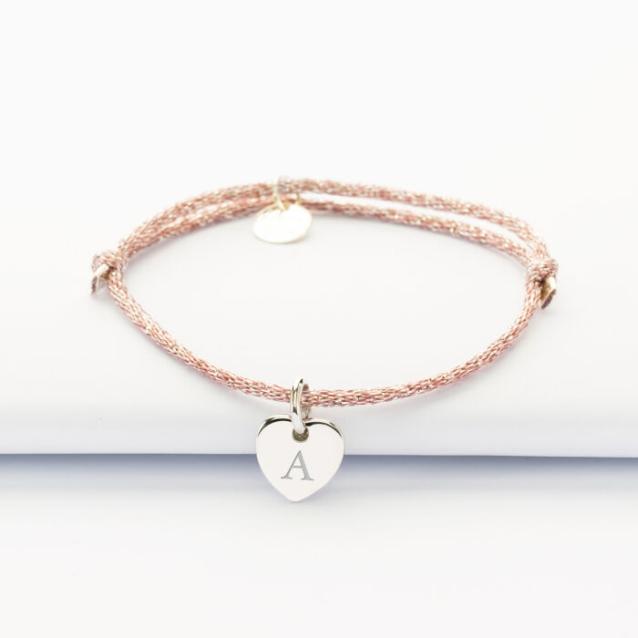 Bracelet enfant personnalisé cordon pailleté médaille gravée argent initiale coeur 10 mm - 1