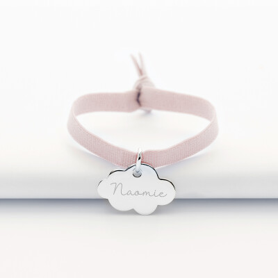 Bracelet enfant personnalisé cordon élastique médaille gravée argent nuage 20x14 mm - prénom Bracelet enfant personnalisé cordon élastique médaille gravée argent nuage 20x14 mm - prénom