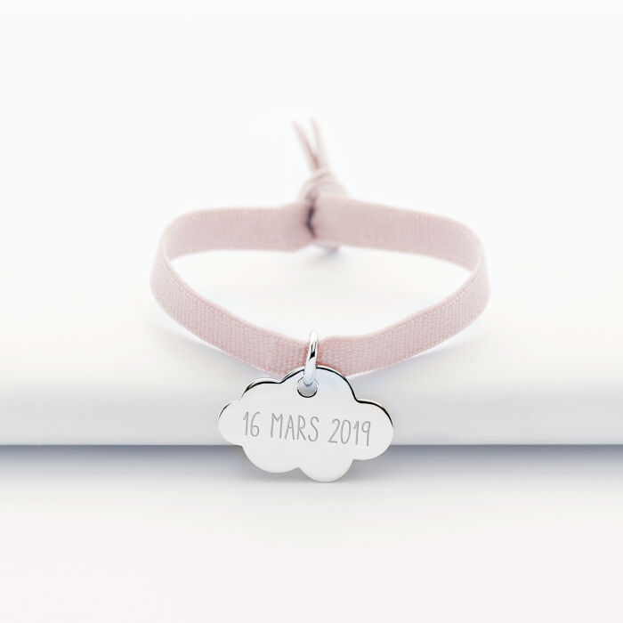 Bracelet enfant personnalisé cordon élastique médaille gravée argent nuage 20x14 mm - texte