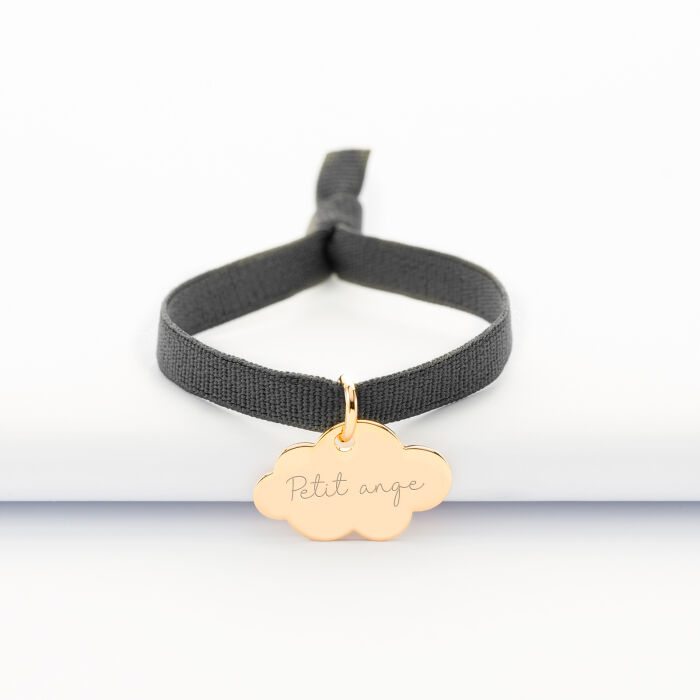 Bracelet enfant personnalisé cordon élastique médaille gravée plaqué or nuage 20x14 mm - texte