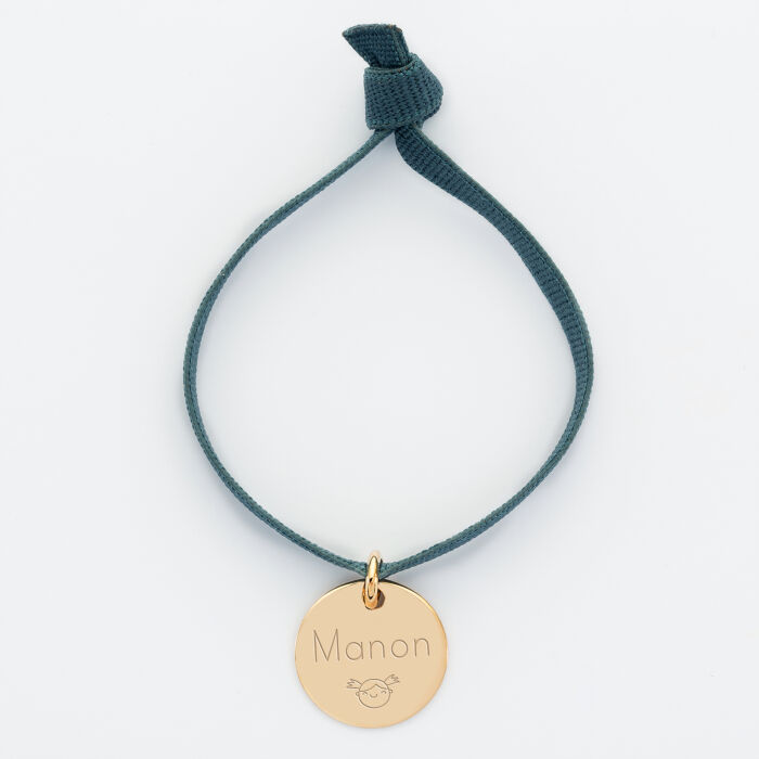 Bracelet enfant personnalisé cordon élastique médaille gravée plaqué or 15 mm - prénom