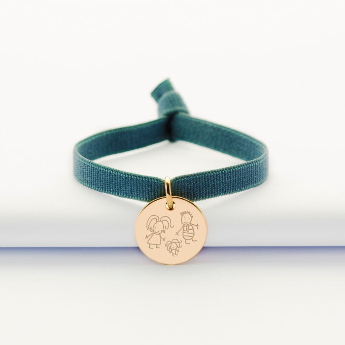 Bracelet enfant personnalisé cordon élastique médaille gravée plaqué or 15 mm - dessin