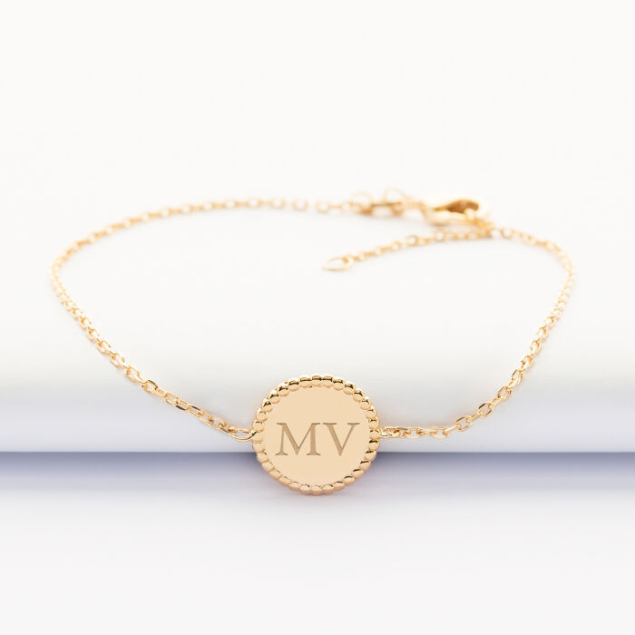 Bracelet chaîne personnalisé médaille gravée plaqué or disque perlé initiale 11 mm - initiales mv