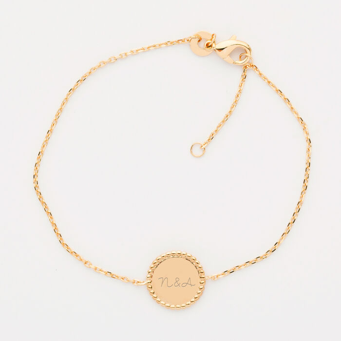 Bracelet chaîne personnalisé médaille gravée plaqué or disque perlé initiale 11 mm - initiale 2