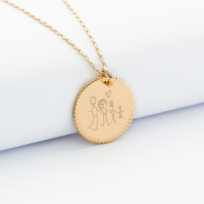 Pendentif personnalisé médaille gravée plaqué or disque perlé 19 mm - dessin
