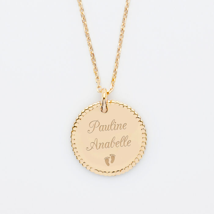 Pendentif personnalisé médaille gravée plaqué or disque perlé 19 mm - prénoms