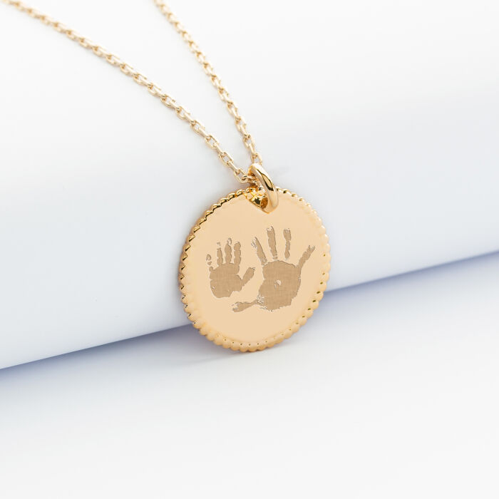 Pendentif personnalisé médaille gravée plaqué or disque perlé 19 mm - empreinte