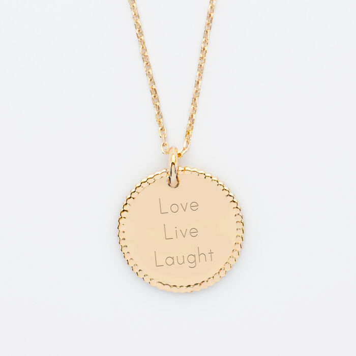 Pendentif personnalisé médaille gravée plaqué or disque perlé 19 mm - texte