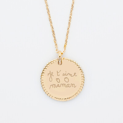 Pendentif personnalisé médaille gravée plaqué or disque perlé 19 mm - écrits