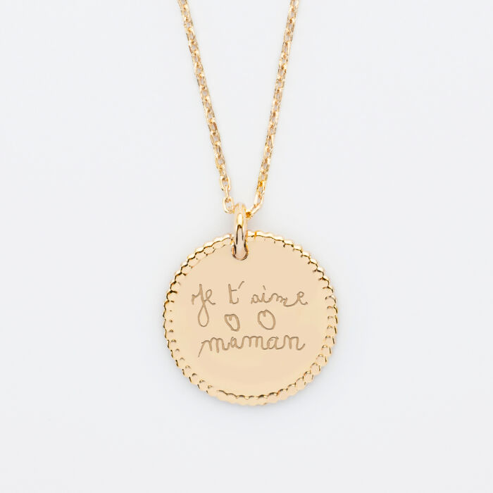 Pendentif personnalisé médaille gravée plaqué or disque perlé 19 mm - écrits