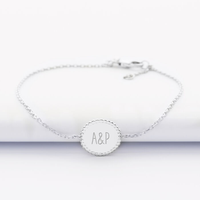 Bracelet chaîne personnalisé médaille gravée argent disque perlé initiale 11 mm - initiales 5