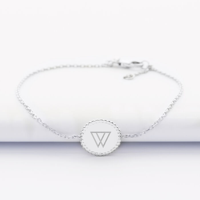 Bracelet chaîne personnalisé médaille gravée argent disque perlé initiale 11 mm - initiales 3