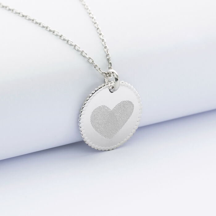 Pendentif personnalisé médaille gravée argent disque perlé 19 mm - empreinte coeur